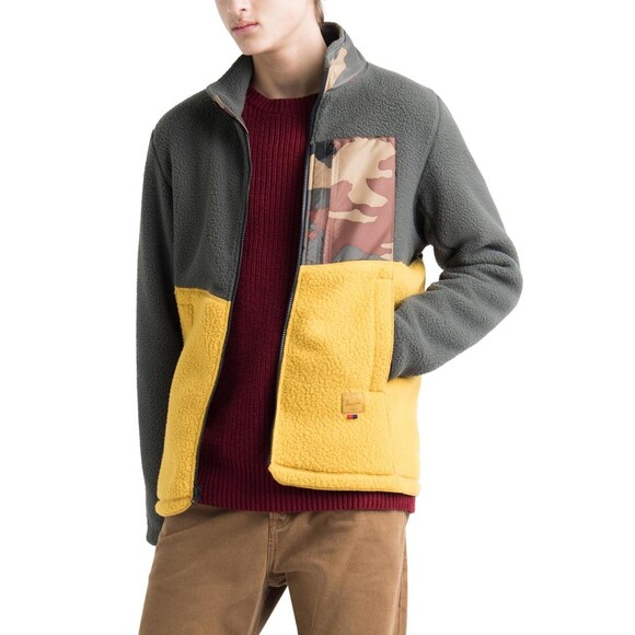 HERSCHEL Green Yellow Sherpa Full Zip Camouflage Pocket Fleece Jacket Size L - Picture 1 of 9
